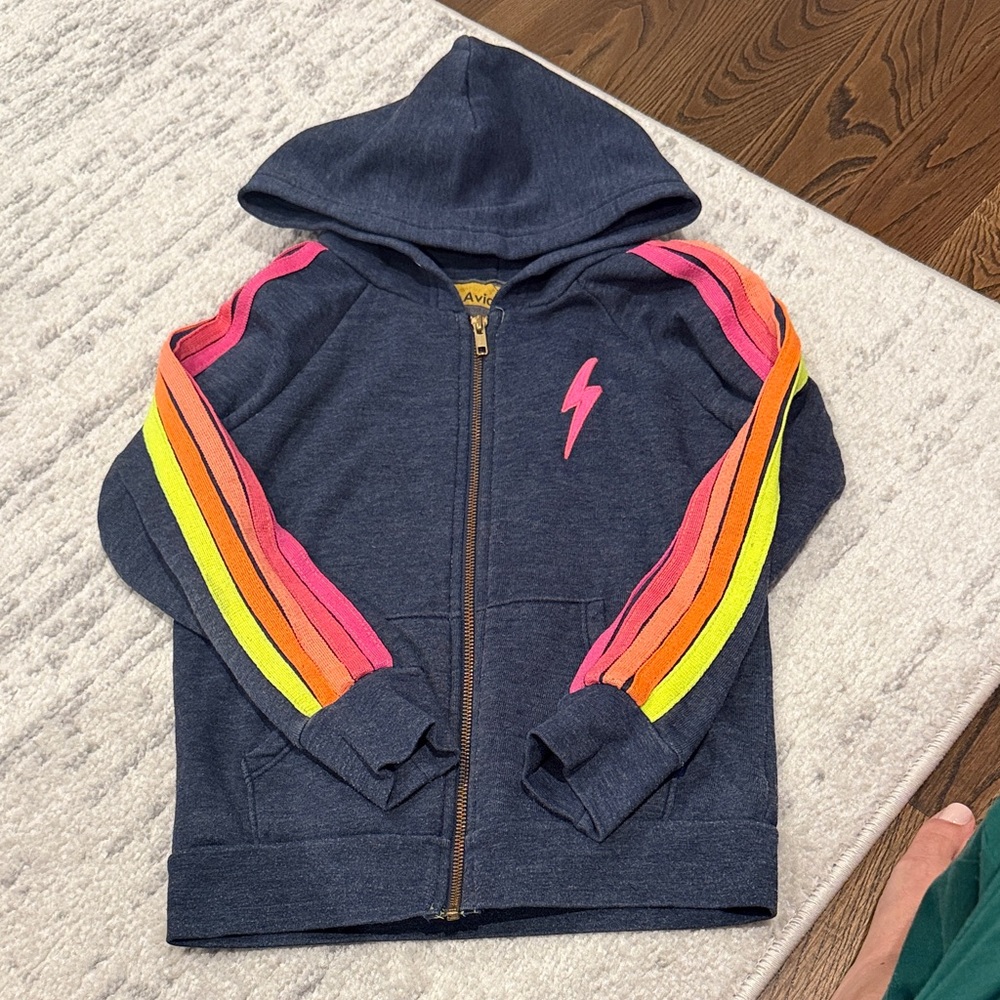 Aviator Nation Dark Blue Hoodie with Vibrant Stripes